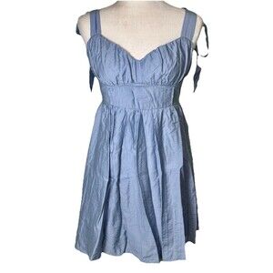 Women’s Blue Romantic Babydoll Sundress Sweetheart Bodice Tie Straps Smocked Med